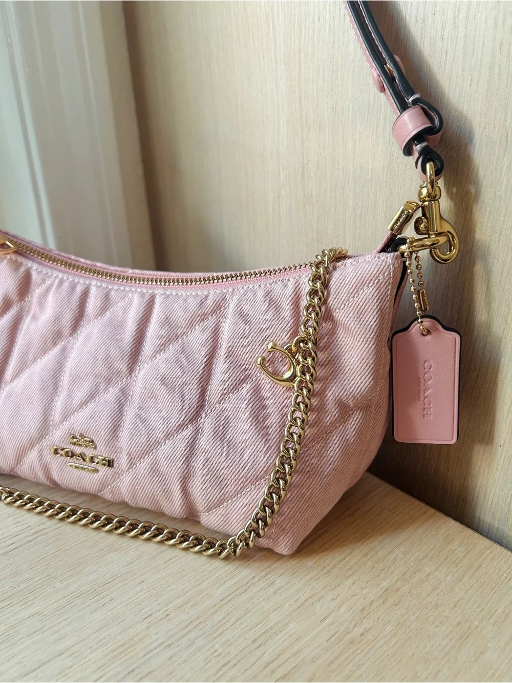 NWT💖Coach Caitlin Shoulder Bag Quilting And Charm CEQ62 Pink Denim Chain Gift